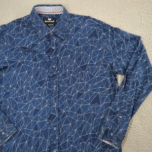 Buttercloth Shirt Mens XL Blue Geometric Print Cotton Button Up Long Sleeve
